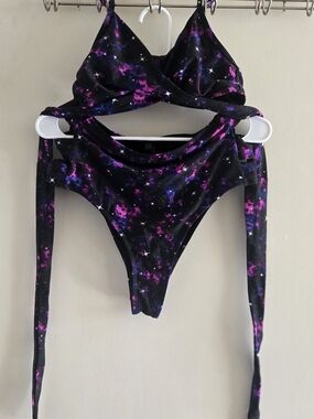 Hot Topic Black Top with Purple & Pink Galaxy Print Small Top/ Medium Bottoms